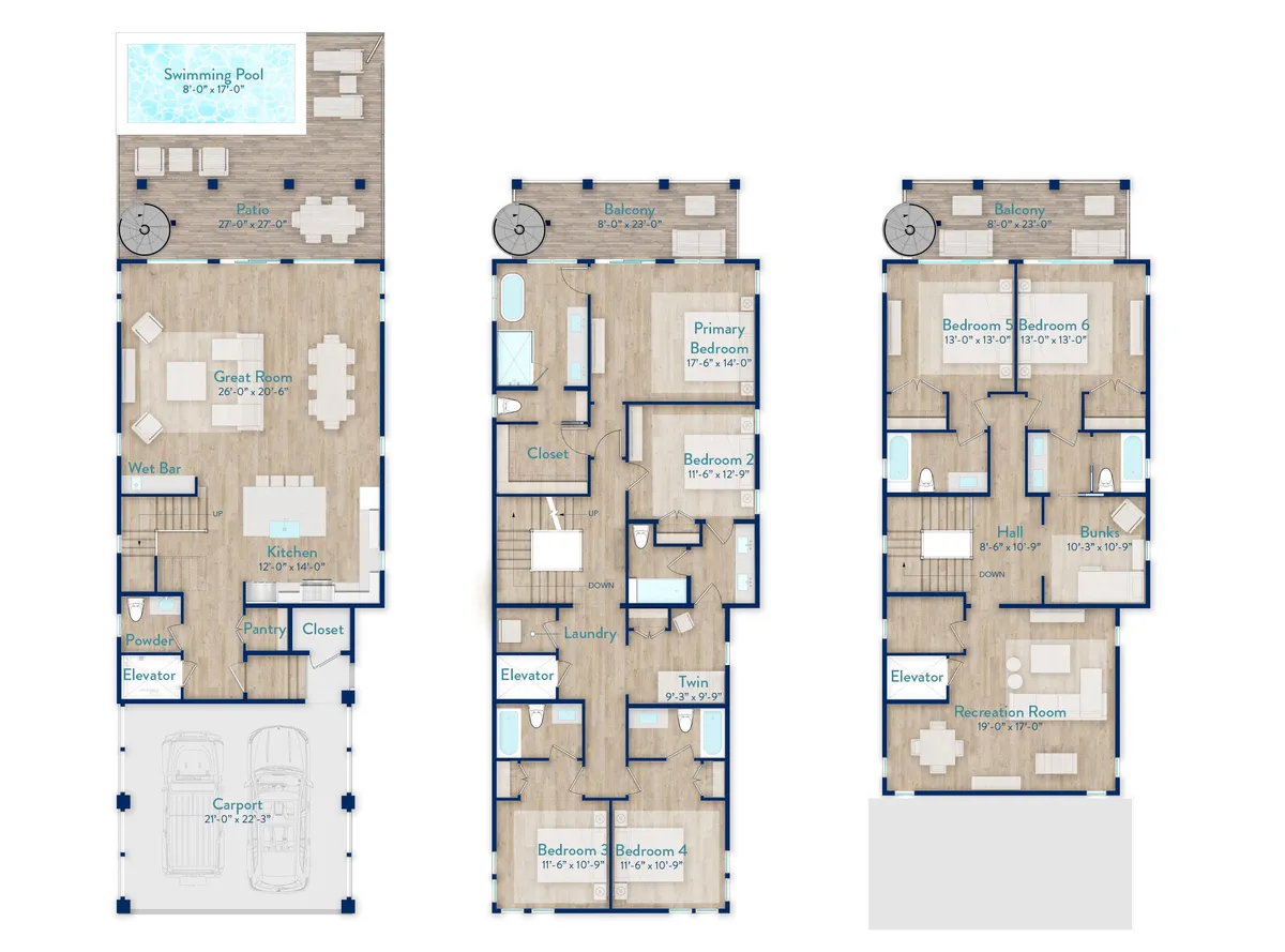 A sweeping interior view highlights the Great Room with its plush sectional sofa, wet bar, and open access to the chef-inspired kitchen complete with a large island. Expansive sliding glass doors frame the private heated pool and Gulf backdrop, seamlessly blending indoor luxury with the coastal environment. The inviting layout encourages relaxation, socializing, and effortless entertaining.